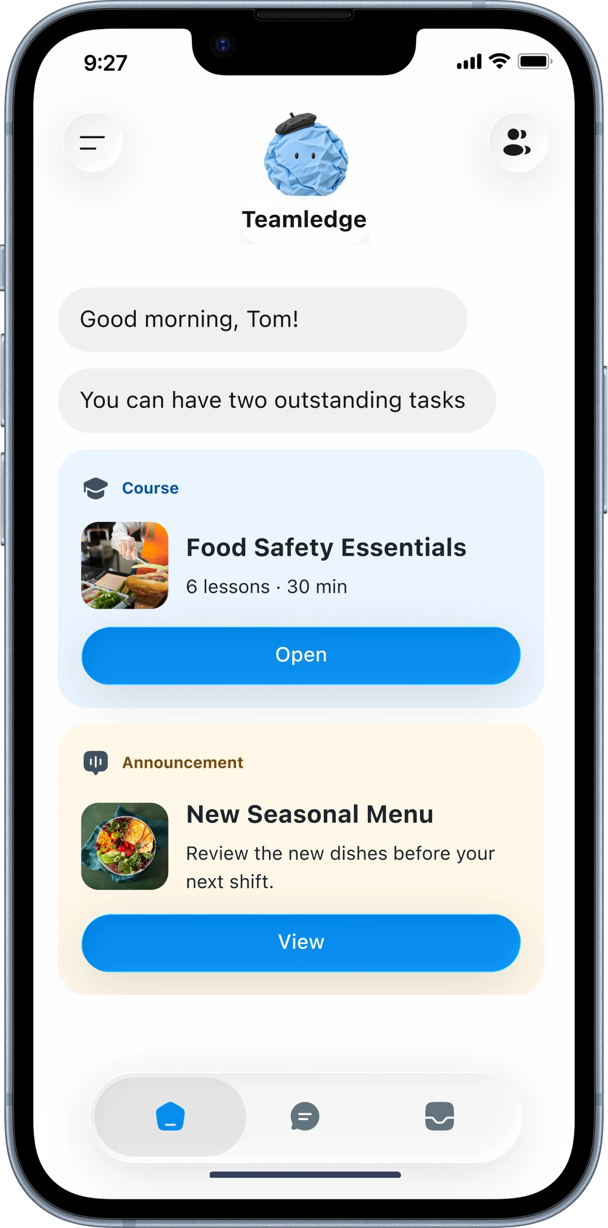 Teamledge mobile employee home screen