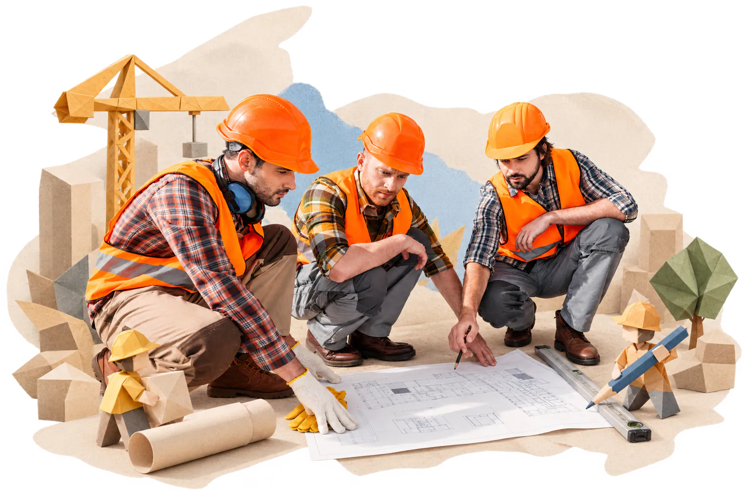 Construction team reviewing building plans together