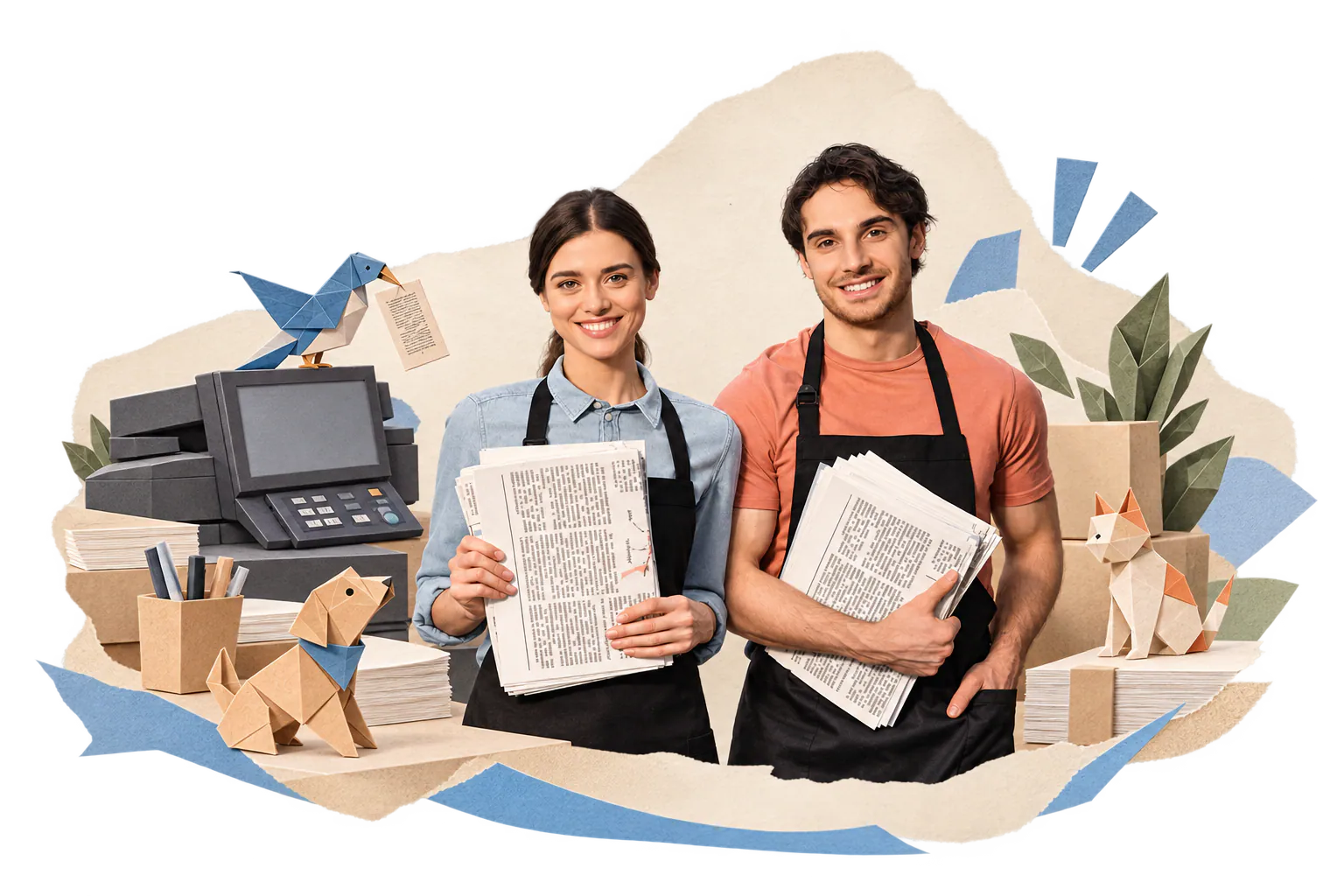 Two employees holding documents beside a printer and organized paperwork