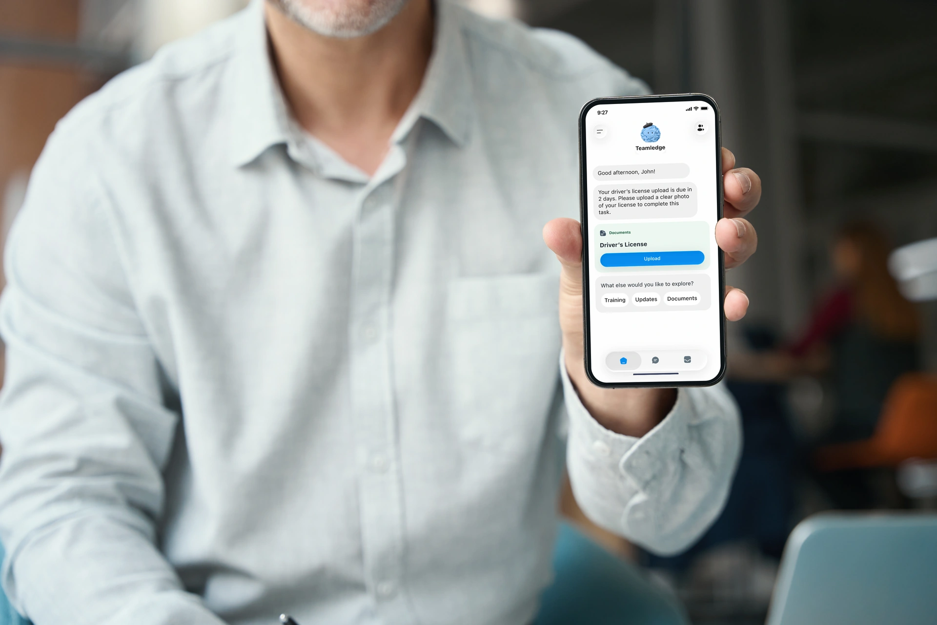 Teamledge documents screen shown on a handheld phone