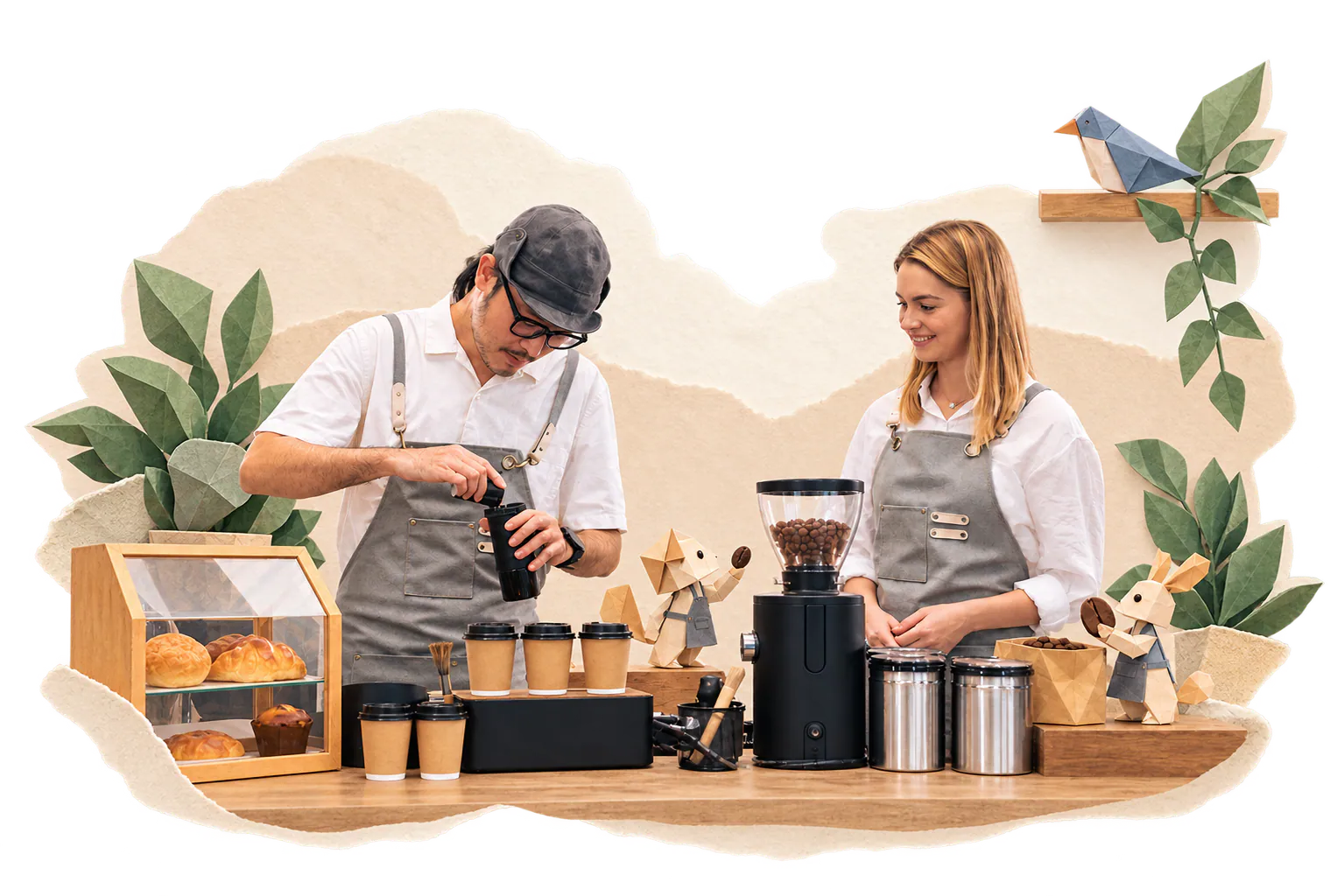 Coffee shop employees learning to prepare coffee together